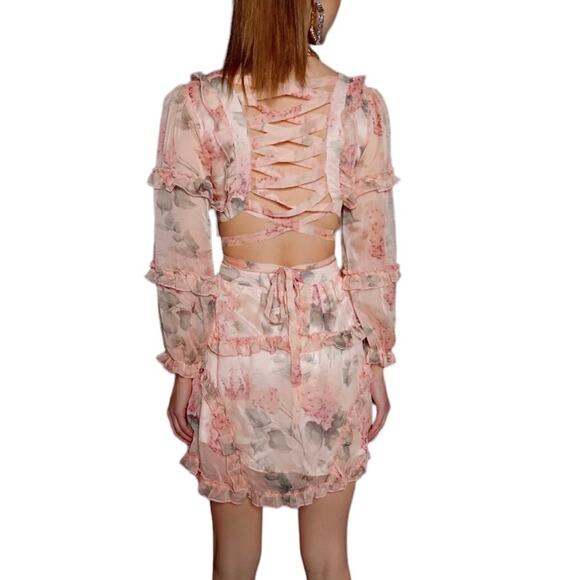 Guilty of Glam Floral Cutout Lace Up Mini Dress Blush Pink Ruffles Date Night S - Picture 3 of 12